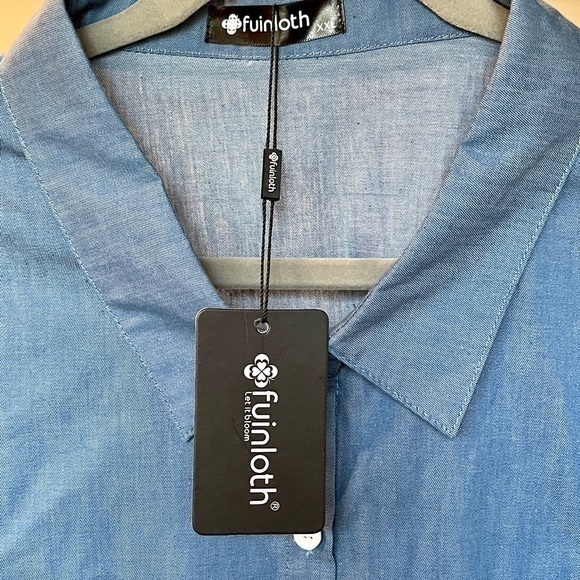 Fuinloth Shirt Womens XXL Blue Blouse‎ Button Up Long Sleeve Cotton Pocket - Picture 4 of 5